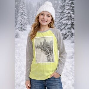 Justice Long Sleeve Raglan Tee โ Snowy Scenic Graphic | Size M (10) NWT